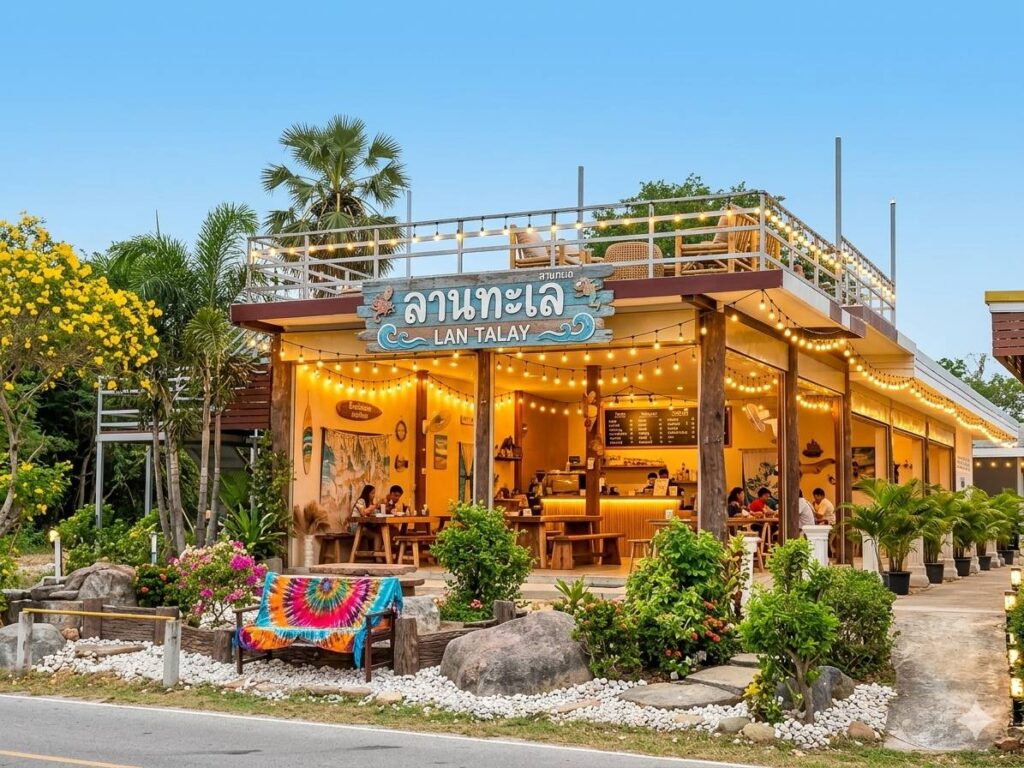 บรรยายกาศหน้าร้านและป้ายชื่อร้านลานทะเล (Lan Talay) ร้านอาหารและคาเฟ่ริมทะเลสามร้อยยอด ดีไซน์ 2 ชั้นเปิดไฟอบอุ่นยามเย็น